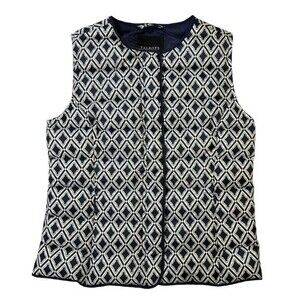 Talbots Down Puffer Vest Navy Blue White Print Sz M Classic Preppy Cozy